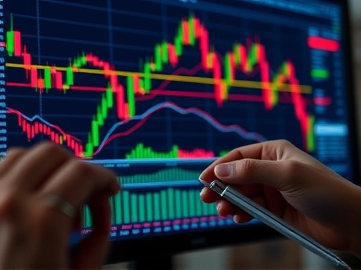 복잡한 주식 차트와 다양한 분석 지표들이 겹쳐진 화면을 클로즈업.