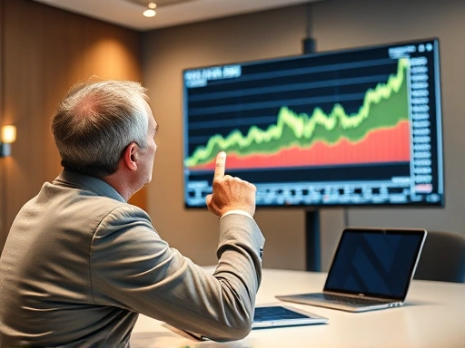 회의실에서 한 남성 CEO가 대형 스크린의 주식 차트를 응시하며 손가락으로 차트의 상승 곡선을 가리키고 있다.