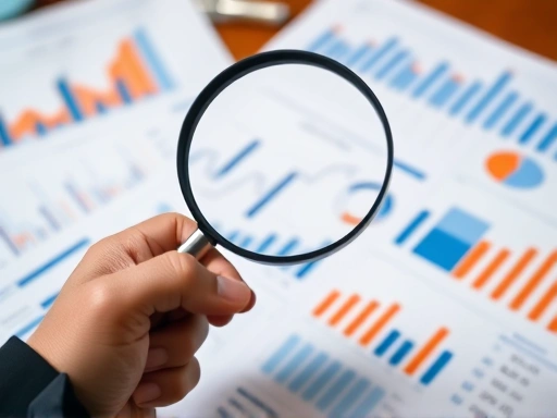 정확하고 세부적인 비즈니스 분석을 위해 돋보기를 들고 기업의 사업보고서와 재무제표를 꼼꼼히 살펴보는 손의 클로즈업.