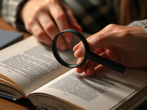 돋보기로 책의 내용을 집중해서 들여다보는 손.