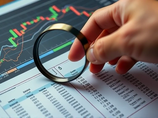 확대된 돋보기로 복잡한 주식 차트와 재무제표를 면밀히 분석하는 손의 클로즈업.