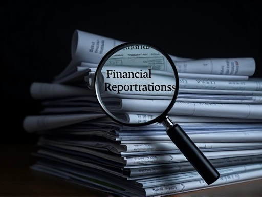 어두운 배경 위로 다양한 금융 보고서와 서류들이 쌓여 있고, 그 위에 놓인 돋보기가 특정 문구를 확대하고 있습니다.