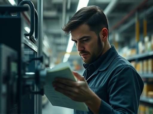 정돈된 현대적인 공장 내부나 사무실 공간에서, 한 인물이 손으로 특정 기계나 문서에 집중하여 관찰하고 있습니다.