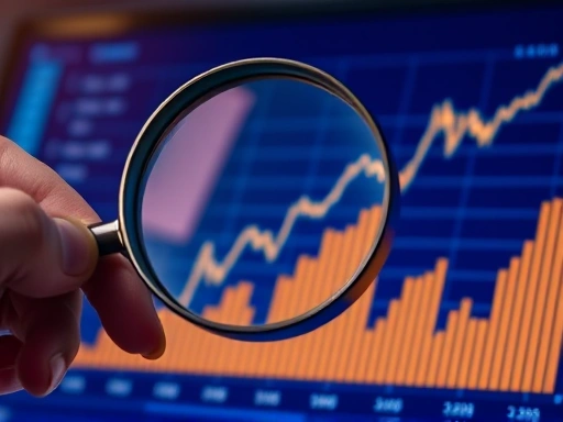 성장하는 주식 그래프 위에 놓인 돋보기, 비즈니스 데이터를 분석하는 손의 클로즈업.