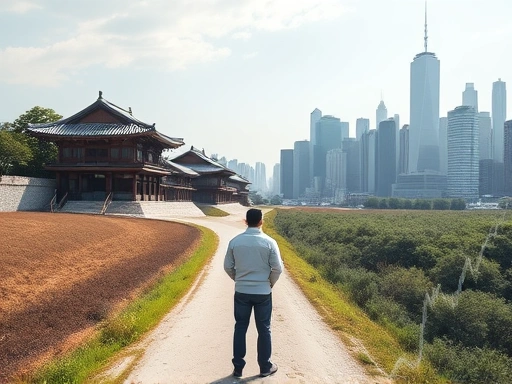 대비되는 두 개의 길 위에 서 있는 사람의 뒷모습