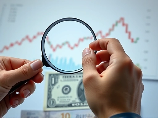 돋보기를 들고 주식 차트를 신중하게 들여다보는 손과 함께, 옆에는 원화와 달러 지폐가 놓여 있다.