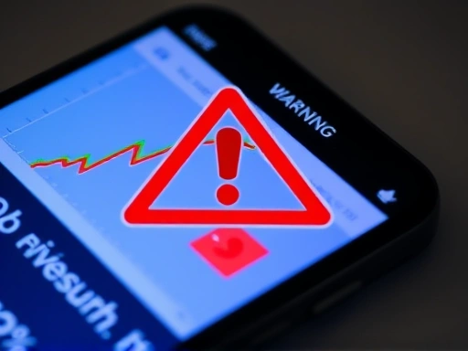 스마트폰 화면에 가짜 주식 차트와 '수익률 100%' 같은 문구가 표시되고, 그 위로 경고 표지판이 겹쳐진 클로즈업.