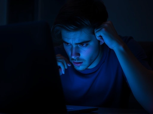 어두운 방에서 노트북 화면을 응시하며 손톱을 물어뜯거나 머리를 감싸 쥐고 있는 한 사람의 모습