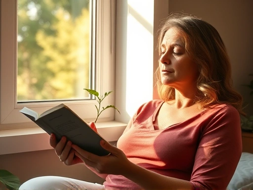 따뜻한 햇살이 비치는 창가에서 한 사람이 편안하게 책을 읽거나 명상하는 모습