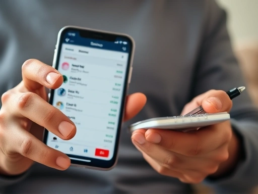 한 손에 스마트폰을 들고 주식 앱의 관심 종목 리스트를 신중하게 스크롤하는 사람의 클로즈업.