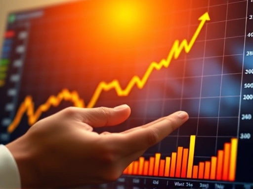성장하는 주식 차트와 그 위를 분석하는 손(클로즈업), 투자 의사결정을 상징하는 도표나 그래프가 함께 시각화된 이미지