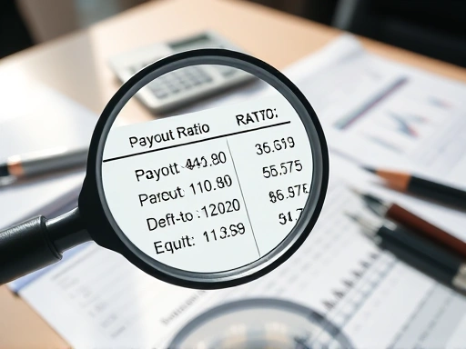 돋보기가 재무제표의 'Payout Ratio', 'Free Cash Flow', 'Debt-to-Equity Ratio'와 같은 숫자들을 면밀히 분석하는 클로즈업 이미지