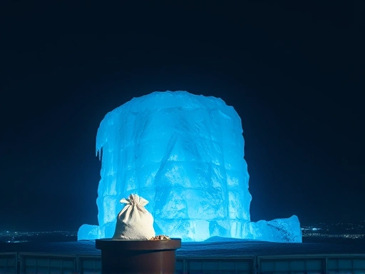 어두운 배경에 솟아오른 거대한 얼음 기둥과 그 위에 위태롭게 놓인 동전 주머니가 조명받는 장면