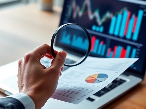 여러 개의 금융 그래프와 차트가 펼쳐진 노트북 화면 옆에, 돋보기를 들고 재무제표를 꼼꼼히 분석하는 손의 클로즈업.