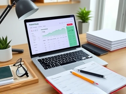 정돈된 책상 위에서 노트북 화면에 증권사 모의투자 계좌 화면이 선명하게 보이고, 그 옆에는 재무 계획이 담긴 노트와 연필이 놓여 있다.