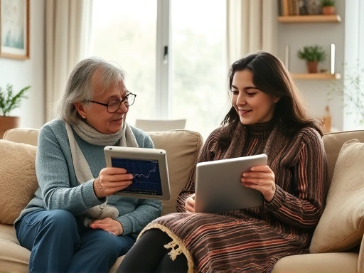 편안한 거실에서 딸(또는 아들)이 부모님과 마주 앉아 태블릿PC로 주식 그래프를 보여주며 차분하게 설명하는 모습