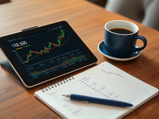 테이블 위에 놓인 태블릿 화면에 주식 차트와 그래프가 선명하게 보이며, 그 옆에는 재무 계획이 적힌 노트와 펜, 커피잔이 놓여 있습니다.