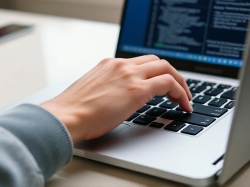 클로즈업된 손이 노트북 키보드와 마우스를 조작하며 온라인으로 세금 신고를 하는 장면