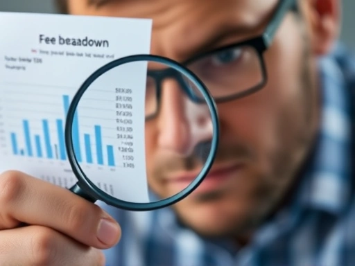 돋보기로 차트와 수수료 내역을 자세히 들여다보는 모습