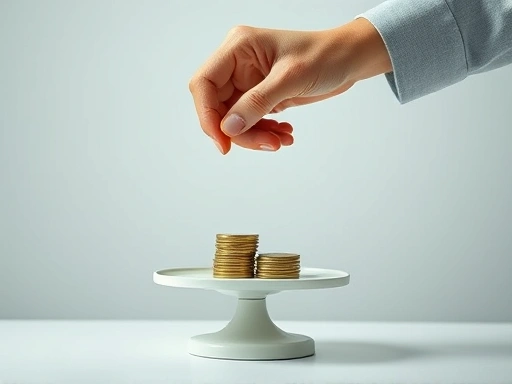 돈을 움켜쥐고 있는 손이 저울 위에서 동전 몇 개와 저울질하는 모습