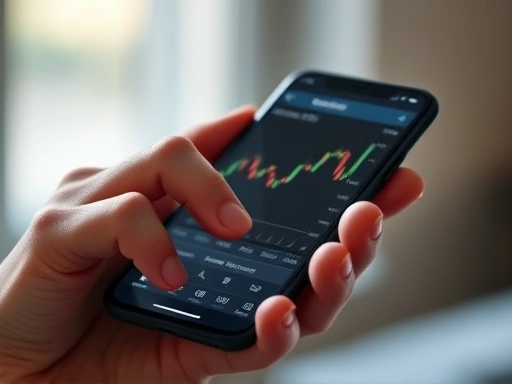 주식 거래 앱이 열린 스마트폰을 한 손에 들고 차트의 움직임을 집중해서 보고 있는 사람의 클로즈업.