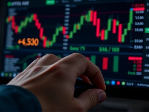 복잡한 옵션 그래프와 숫자가 겹쳐진 화면 위로 손이 마우스를 조작하는 클로즈업 샷, 어둡고 진지한 색감으로 고도의 집중과 신중함 표현, 옵션 거래의 기술적이고 위험한 측면을 상징