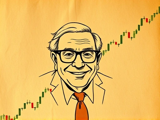 빈티지한 스타일의 낡은 종이 위에 손으로 그린 듯한 워런 버핏의 캐리커처가 인자하게 웃고 있으며, 그 배경에는 한국 주식 시장의 캔들 차트가 은은하게 비친다.