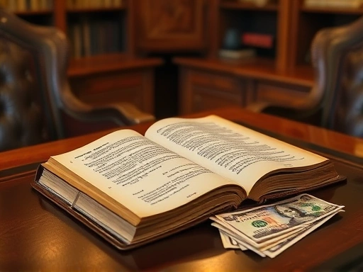 고급스러운 서재의 나무 테이블 위에 놓인 오래된 가죽 재질의 투자 서적과 함께, 한국 주식 시장을 상징하는 태극 문양의 작은 지폐 다발이 놓여 있다.