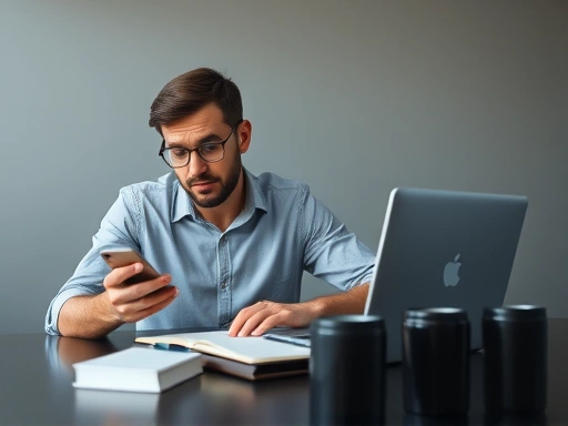 바쁜 직장인이 책상에 앉아 스마트폰과 노트북을 보며 집중하는 모습