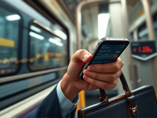 출퇴근길 지하철 안에서 스마트폰으로 주식 차트나 경제 뉴스를 확인하는 직장인의 클로즈업.