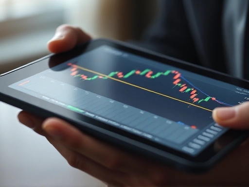 손으로 태블릿을 들고 월봉 차트를 자세히 분석하는 모습