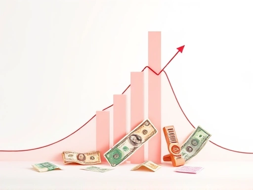 물가 상승을 상징하는 물결치는 곡선 그래프와 그 위에서 안정적으로 우뚝 서 있는 주식 봉차트가 어우러진 이미지