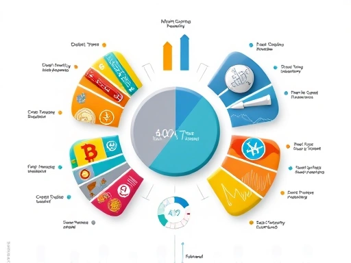다양한 종류의 금융 상품(주식 그래프, 현금, 건물 아이콘)이 원형 차트 형태로 조화롭게 배치되어 있고, 중앙에는 