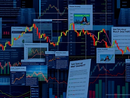 다양한 경제 뉴스와 주식 차트가 배경에 혼합된 복잡한 주식 시장의 모습