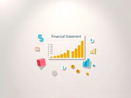 심플한 디자인의 재무제표 핵심 요약 차트가 중앙에 있고, 주변으로 연결된 그래프와 작은 아이콘들이 기업의 성장과 재무 건전성을 상징적으로 표현합니다.