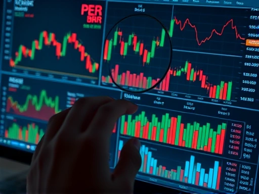 모니터 화면에 복잡한 주식 차트와 재무 지표 그래프가 펼쳐져 있고, 한 손이 마우스로 특정 데이터를 확대하여 분석하는 클로즈업.