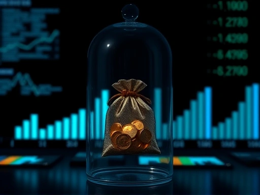 어두운 배경 위로 투명한 유리 케이지 안에 갇힌 작고 빛나는 동전 주머니가 보이는 이미지