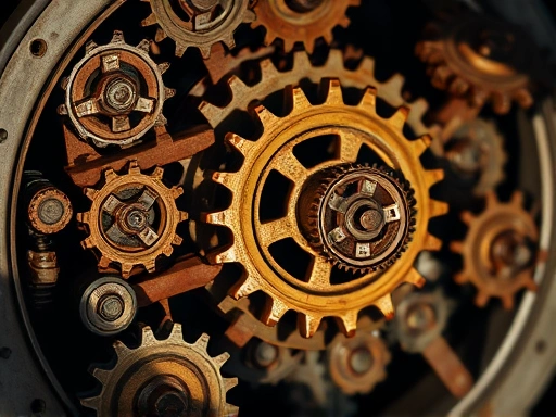 낡고 녹슨 톱니바퀴들이 얽혀 있는 복잡한 기계 장치가 클로즈업된 이미지