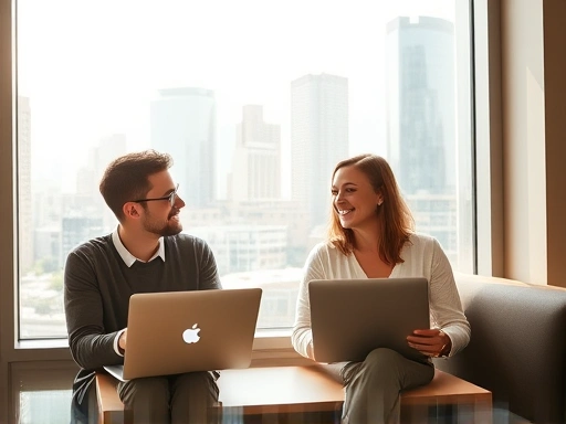 창문 밖으로 보이는 도시 풍경을 배경으로 편안한 옷차림의 남녀가 미소를 짓고 노트북을 보며 자유롭게 대화하는 장면