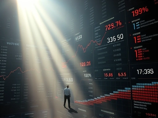 주식 시장의 복잡한 정보 흐름 속에서 빛과 그림자를 동시에 상징하는 이미지