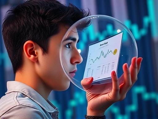 투명한 유리 구슬 안에 재무제표 차트가 보이는 주식 시장을 바라보는 풋풋한 초보 투자자의 옆모습