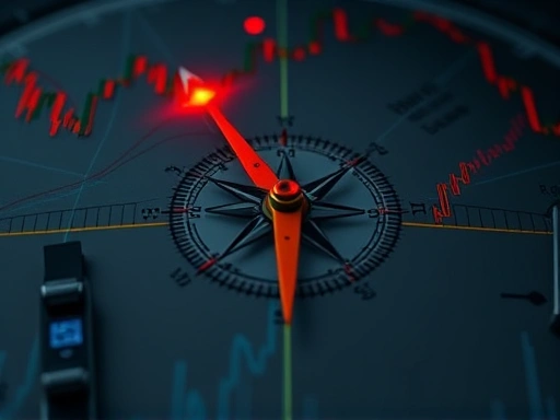 여러 개의 나침반이 각각 다른 방향을 가리키는 복잡한 주식 차트 위에 '위험'을 알리는 빨간색 경고등이 깜빡이는 클로즈업.