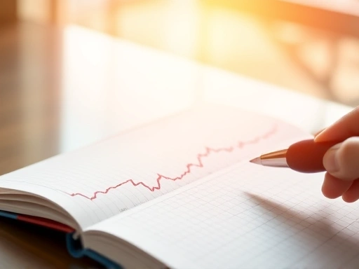 주식 차트가 점차 상승하고 있으며, 투자 일지가 펼쳐져 있고 펜이 놓여 있는 클로즈업 이미지