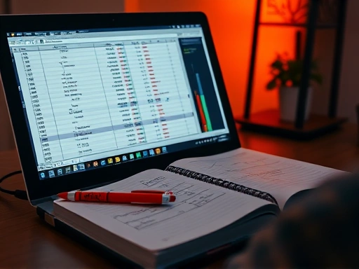 개인 컴퓨터 화면에 열린 주식 매매일지 엑셀 시트와 필기도구, 차분한 주황색과 회색 조명으로 집중적인 분위기