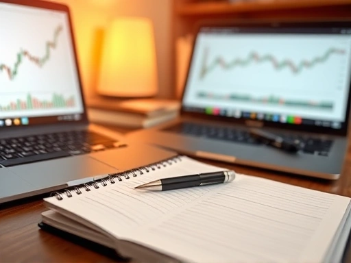 정돈된 책상 위에 놓인 종이 노트와 펜, 그리고 그 옆에 놓인 노트북 화면에 주식 차트가 보이는 클로즈업 이미지