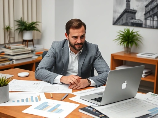 중요한 서류와 그래프들이 펼쳐진 책상 앞에서, 확신에 찬 표정으로 노트북 화면을 응시하는 투자자의 모습