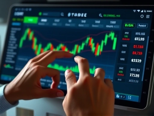 개념적인 인터페이스 디자인 속에서 여러 개의 손이 주식 투자 앱이나 소프트웨어의 화면을 조작하는 클로즈업 샷.