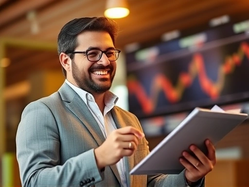 손에 들린 계산기와 함께 밝은 표정의 투자자가 주식 차트와 세금 관련 서류를 바라보며 만족스럽게 미소 짓고 있다.