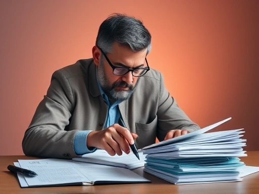 세금 계산기와 서류 더미 앞에서 고민하는 듯한 투자자의 모습