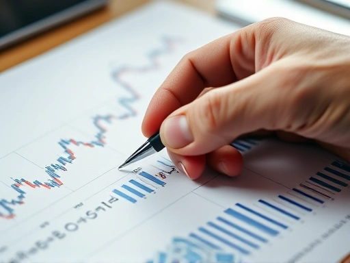 여러 개의 통화 기호가 겹쳐진 주식 차트 위에 손으로 펜을 들고 계산하는 클로즈업 샷, 재정 관리에 대한 세심함과 정확성을 상징하며, 선명하고 디테일한 촬영 스타일로 정보의 명확성 강조